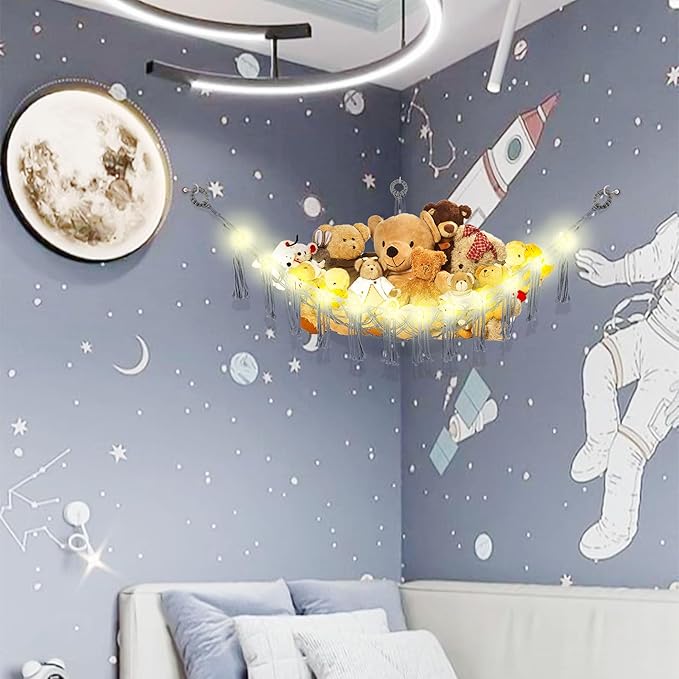 CERETIA Stuffed Animal Hammock with LED Light, Large Stuffed Animals Storage Corner Plushie Net for Kids Room Decor, 2 Packs Grey