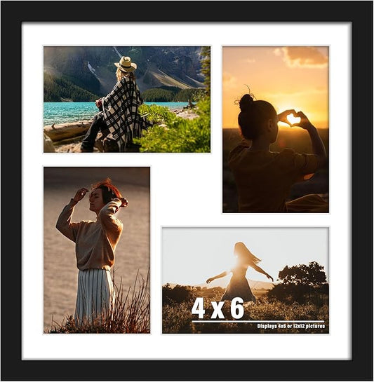 12x12 Picture Frame, 4x6 Collage Picture Frame, Displays Four 4x6 inch Photos, or 12x12 (Without Mat) Available for Wall Mount or Table Top Horizontal and Vertical Display, Black.