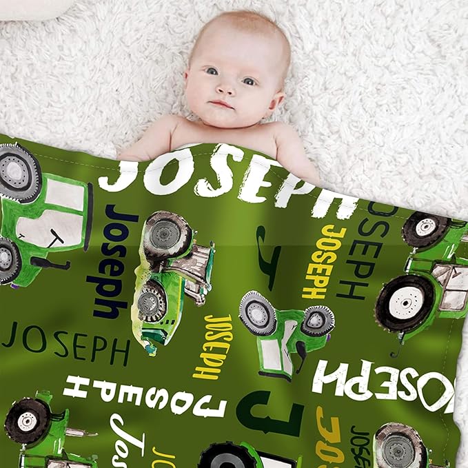Personalized Tractors Blanket - Custom Name with Farm Tractor Trucks Design - Soft Plush Flannel Bed Blanket for Baby Kid Teen Boys Girls Customized Gifts Olive Green