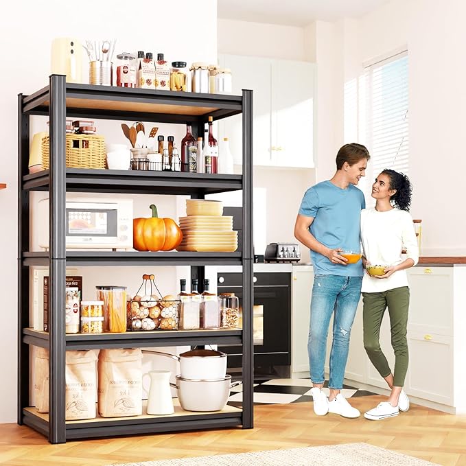 71''H 27.5''W Storage Shelves,2500LBS Garage Shelving ,Adjustable Garage Shelves ,Heavy Duty Metal Shelving, 5 Tier Wood Utility Steel Shelf, Shelving Units and Storage Rack fo Kitchen Pantry Laundry