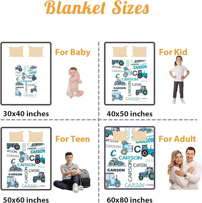 Personalized Tractors Blanket - Custom Name with Farm Tractor Trucks Design - Soft Plush Flannel Bed Blanket for Baby Kid Teen Boys Girls Customized Gifts White & Blue