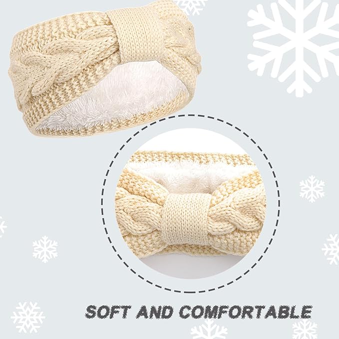AQOKKA Knit Winter Headbands for Women Fuzzy Wool Fleece Lined Ear Warmers Elastic Turban Crocheted Head Wrap Winter Accessories for Women Cold Weather