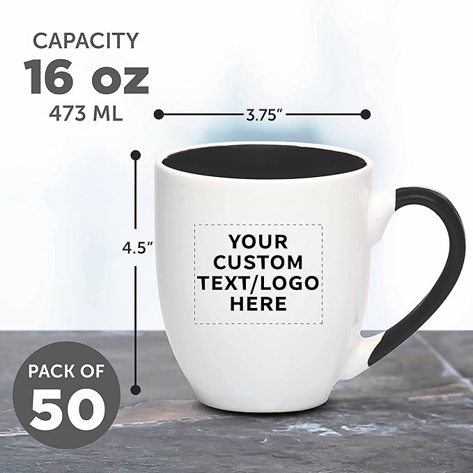 Custom Bistro Style Large Coffee Mugs 16 oz. Set of 50, Personalized Bulk Pack - Perfect for Coffee, Tea, Espresso, Hot Cocoa, Other Beverages - Black