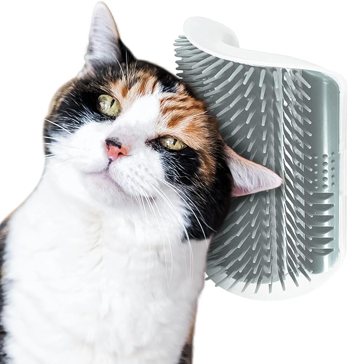 SunGrow Self-Grooming Brush for Cats, Light Gray Self Massager, Mountable to Corners and Flat Surfaces, Includes Brush, Catnip, Screws and Adhesive Tape, 1-pc