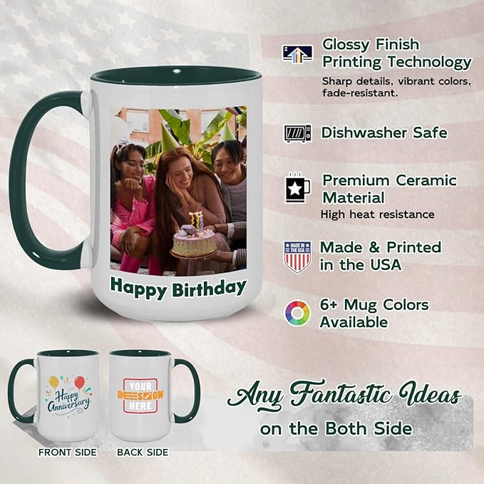 Ship Next Day Custom Mug Design Your Own Photo Text Personalized Picture Gifts for Women Men Customized Gifts Idea Personalized Coffee Mugs 11oz Dark Green Handle