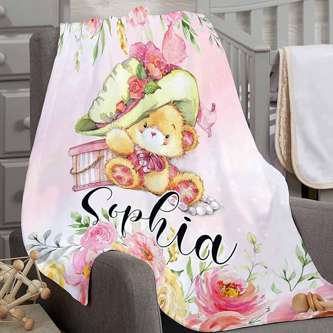 Ship Next Day, Personalized Baby Blankets with Name,Cute Little Bear Blankets for Kids,Super Soft Fleece Custom Baby Blanket for Boys,Girl, Personalized Gifts for Newborn