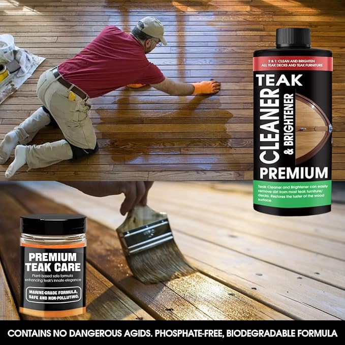 Teak Cleaner and Brightener Kit - Teak cleaner for wood outdoor furniture. Ideal for Boats, Decks, Patio & Fine Wood Furniture ｜Marine-Grade Teak Cleaner
