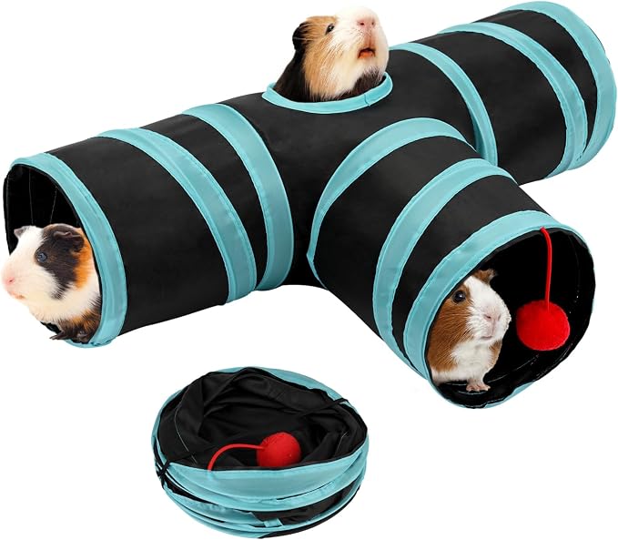 Rypet Guinea Pig Tunnel Hideout 3-Way Collapsible Pet Tubes, Blue Black | 3 Way Design for Exploration, Collapsible for Easy Storage, Built-in Play Ball, Hiding & Resting for Hamsters Ferrets