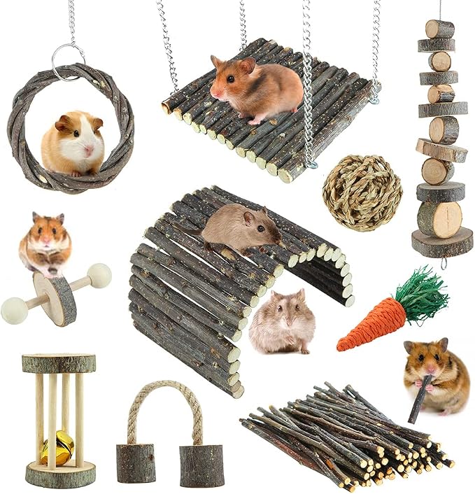 YIXUND Hamster Toys Rat Toys Chinchilla Toys Hamster Chew Toys Cage Accessories Apple Wood Sticks Ladder Bell Roller for Gerbil Guinea Pigs and Other Small Animal