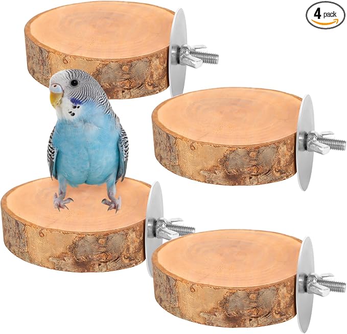 4 Pcs Natural Apple Wood Round Bird Perch Platform for Cage | Fits Small Parrots (Budgies, Conures) | Multi-Level Habitat Gym to Relieve Foot Strain | Tool-Free Mount