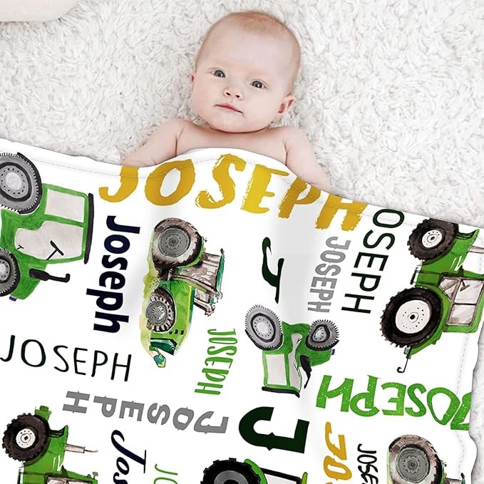 Personalized Tractors Blanket - Custom Name with Farm Tractor Trucks Design - Soft Plush Flannel Bed Blanket for Baby Kid Teen Boys Girls Customized Gifts White & Green