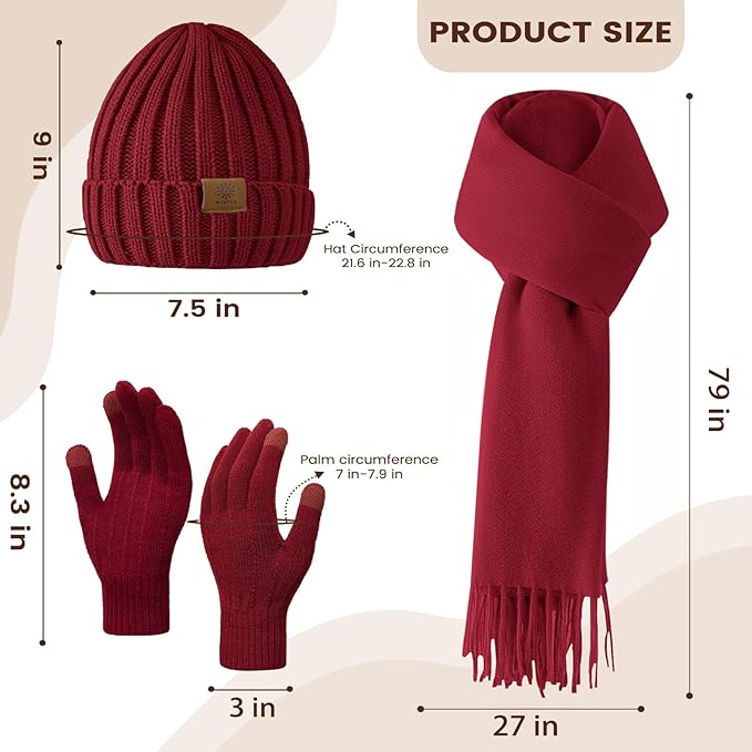 Women Winter Hat Beanie+Long Scarf+Touch Screen Gloves Set, Warm Clothes Set with Knit Fleece Lined for Women/Men Winter