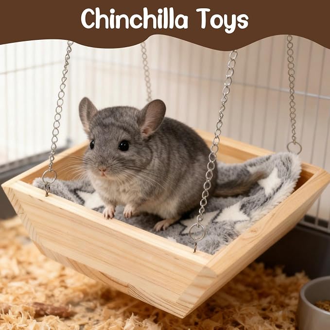 Large Wooden Hanging Bed with Plush Mat, Hammock for Chinchilla Rat Guinea | Large hanging wooden bed, Soft plush mat included, Hammock-style design, Small animal cage accessories resting nest