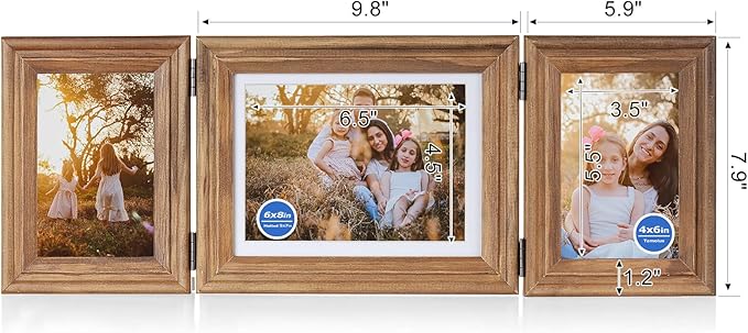 3 Vertical Horizontal Hinged Wood Picture Frame 4x6 and 5x7 Triple Folding Photo Frame Home Decor with Real Glass Front in Distressed Farmhouse Wood Grain for Tabletop, Display 4x6 with Mat or