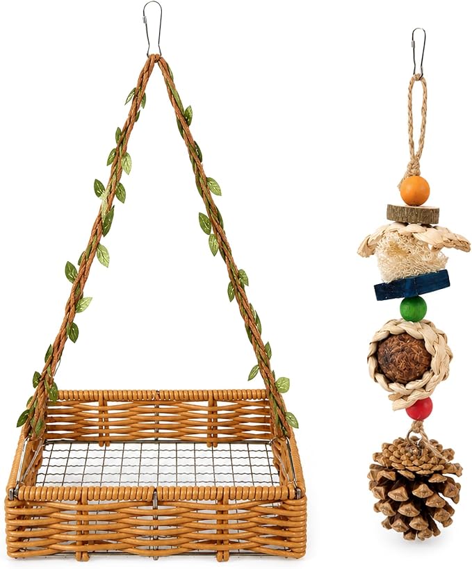 Bird Toys, Natural Parrot Chew Toy with Hanging Foraging Basket Hammock, Bird Shredding Foraging Toys for Parakeet Cockatiel Conure Cage Accessories