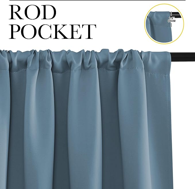 NICETOWN Bedroom Curtains Blackout Draperies, Smoky Blue, 1 Pair, 34-inch W x 63-inch L, Home Decorations Thermal Insulated Solid Pole Top Blackout Drapes for Living Room