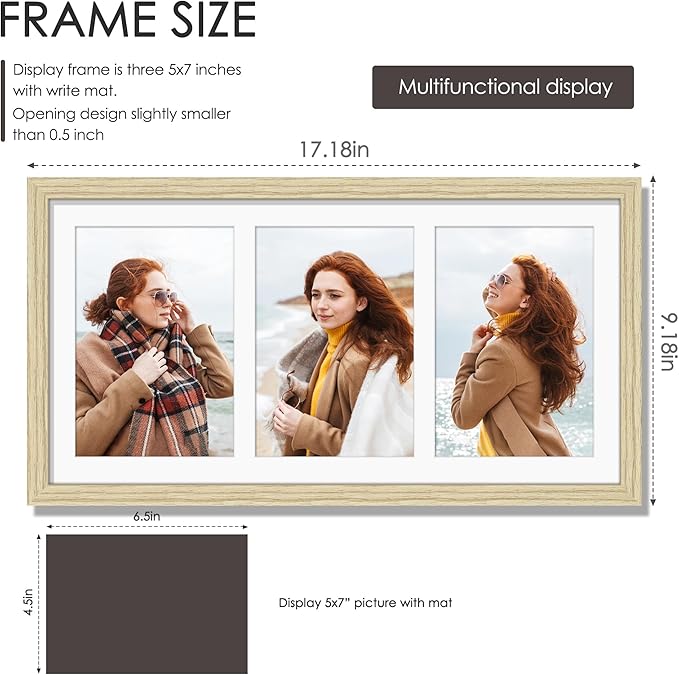 8x16 Collage Picture Frame 5x7 Collage Picture Frame Displays Three 5x7 inch Photos or 8x16 (Without Mat) for Available Horizontal Wall Mounting Display and Vertical Wood Color