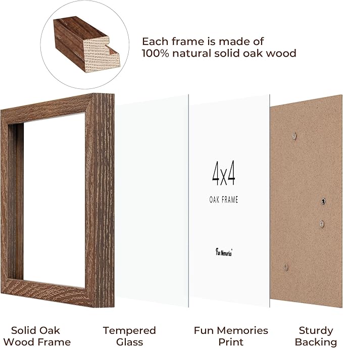 Fun Memories 4x4 Picture Frame, Solid White Oak Wood Frame 4 by 4, 4 x 4 Square Photo Frame with Tempered Real Glass, Rustic Wooden Frame 4""x4"" for Wall & Tabletop Display, Walnut Color, Set of 2