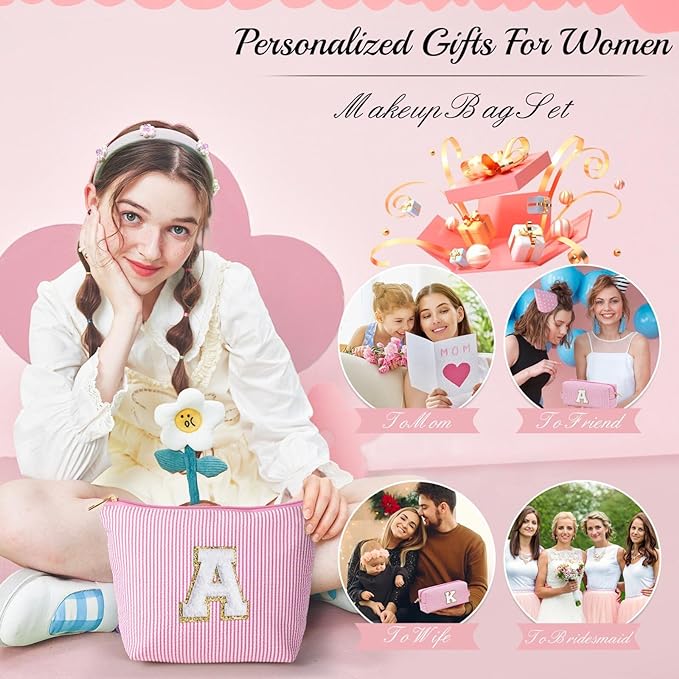 YOOLIFE Birthday Gifts for 3 4 5 6 7 8 9 10 11 12 13 Year Old Girls - Personalized Cute Pink Initial Birthday Gifts for Kids Makeup Bag for Girls Daughter Sister Teacher Friend Girlfriend K
