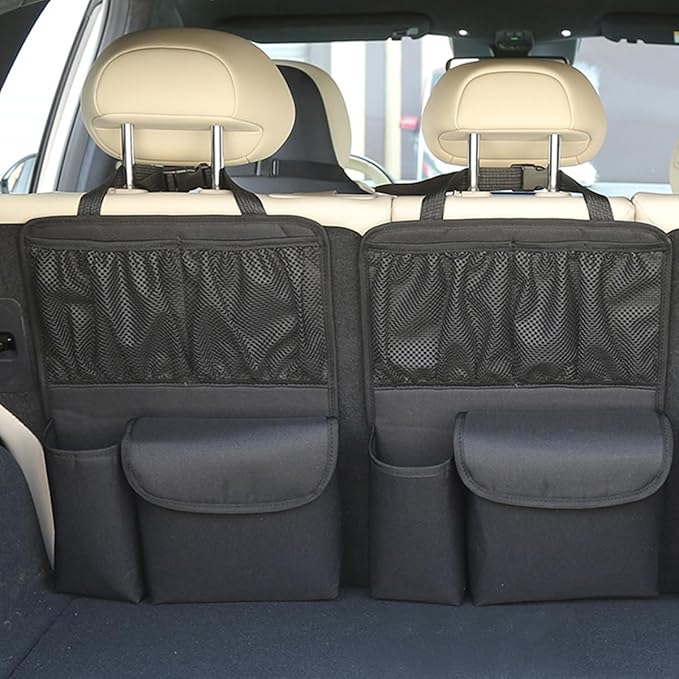 HZEL Car Trunk Organizer, Detachable Vehicle Backseat Storage Bag with 4 Compartments, Large Capacity Back Seat Organization Hanger with Lids, Space Saving Universal Automotive Accessories