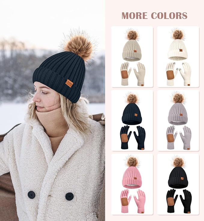 Womens Winter Beanie Hat Gloves Set,Fleece Lined Warm Knit Pom Pom Ski Hat Touchscreen Gloves Set Gifts for Cold Weather