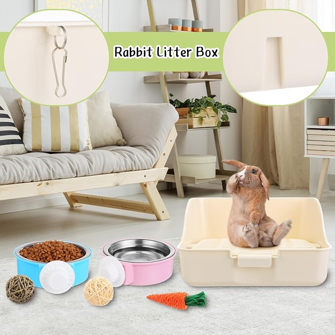 Reallnaive 15 Pcs Rabbit Starter Kit Small Rabbit Litter Box Girls Gift Animal Grooming Kit Bunny Toys Bowl Blankets with Cleaning Set for Guinea Pig Accessories(Multicolor)
