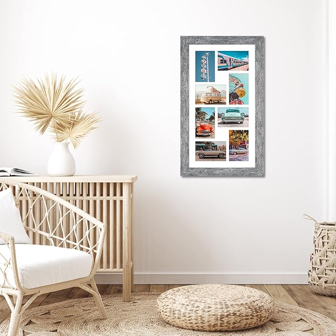 11.8x21.8 Picture Frame Display 8 opening 4X6 Picture Frame Collage,Multi Photo Frame with Mat,Plexiglass,Wall or Tabletop Decor,Grey Wood Grain