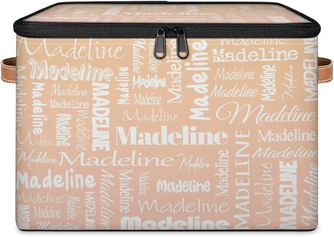 Custom Storage Basket with Name, Personalized Keepsake Box with Zipper Lid, Foldable Fabric Memory Bin Large capacity with Handle Apricot