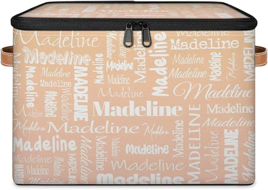 Custom Storage Basket with Name, Personalized Keepsake Box with Zipper Lid, Foldable Fabric Memory Bin Large capacity with Handle Apricot