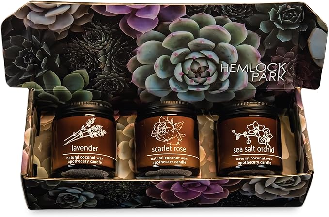Hemlock Park Apothecary Wood Wick Candle Trio | Gift Set of Three 4 oz Candles Handcrafted with Natural Coconut Wax (Garden | Lavender, Scarlet Rose, Sea Salt Orchid)