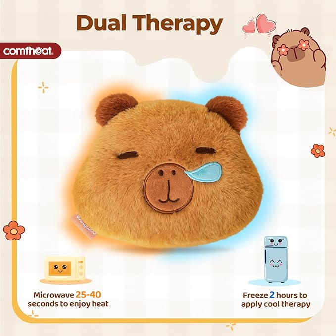 Capybara Microwave Heating Pad for Pain Relief, Moist Heat Pack Unscented Hot Compress for Period Cramps, Shoulder, Muscles, Cute Stuffed Animal Heat Pad, Gift for Women Kids, Washable Cover