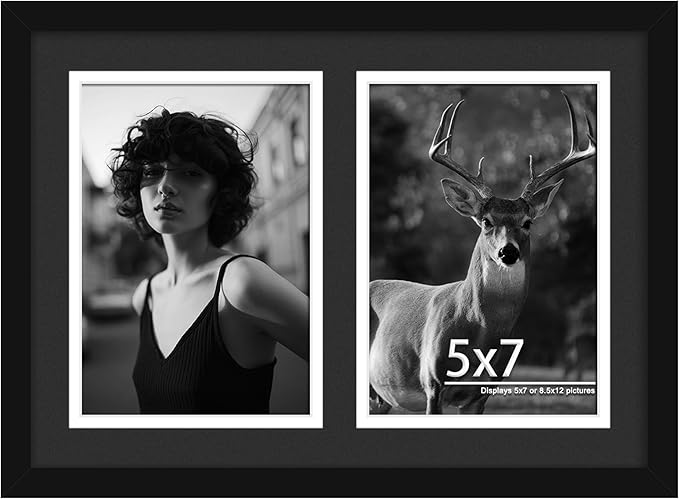 8.5x12 Collage Picture Frame, 5x7 Collage Picture Frame, Displays Double 5x7 inch Photos, Wall Decor Wall Hanging or Tabletop, Black Mat.