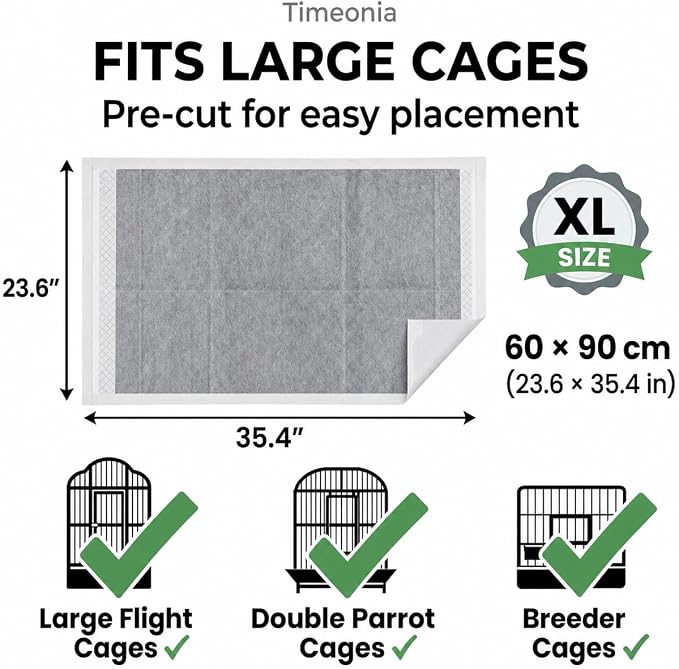XL Bird Cage Liners 23.6x35.4 20-Pack Bamboo Charcoal Large Parrot | 7 layer odor control waterproof leak proof backing quick daily cleanup large parrot cage coverage