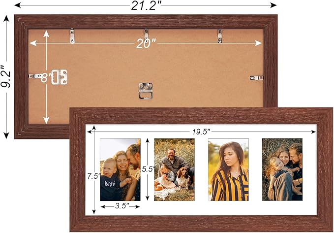 8x20 Picture Frame Display 4 opening 4X6 Picture Frame Collage,Multi Photo Frame with Mat,Plexiglass,Wall or Tabletop Decor,Walnut Wood Grain