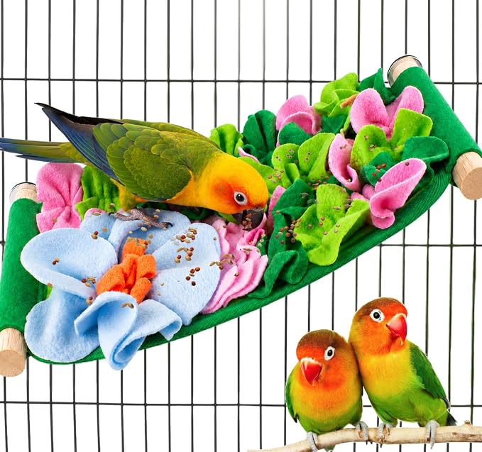 FlidRunest Bird Cotton Fabric Foraging Mat, Parrot Foraging Hammock Bed | Parakeet Enrichment Toy With Hidden Treat Flowers, Soft Fleece Feeding Mats Puzzle for Budgies, Conure