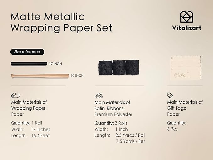 Vitalizart Black Matte Metallic Wrapping Paper Set 17" With Silk Satin Ribbon & Gift Tags Christmas Gift Wrapping Birthday Baby Shower Wedding Bouquets Handmade Crafts 197"(16.4 Ft) Black Ribbon