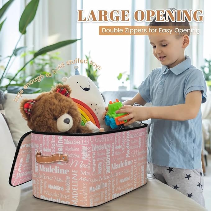Custom Storage Basket with Name, Personalized Keepsake Box with Zipper Lid, Foldable Fabric Memory Bin Large capacity with Handle Pink Orange
