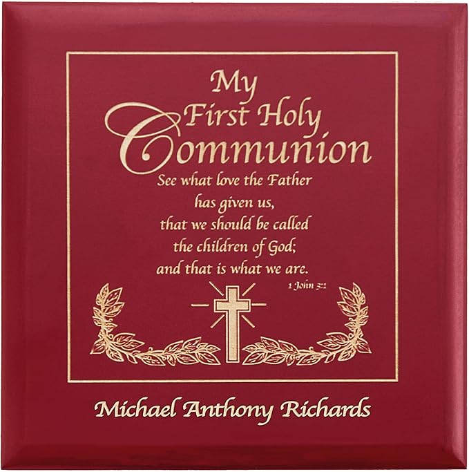 Let's Make Memories Personalized Communion Keepsake Box - Scripture - Sacrament - Religious Keepsake - First Communion - Natural Wood - Cherry Finish - Inspirational Verse - 6.75”Lx6.75”W