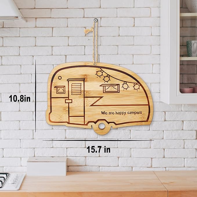 Happy Camper Bamboo Large Cutting Board, Rv Wooden Stove Top Cover Noodle Board,Meat Cutting Board for BBQ, Carving Board for Turkey,Large Charcuterie Board,RV Kitchen Decoration