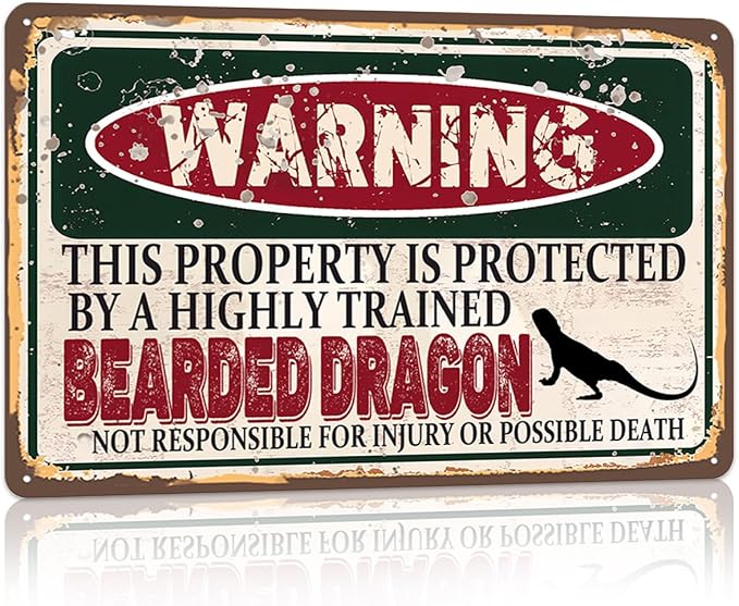 Vintage Bearded Dragon Metal Sign Wall decor | Warning this property is protected by a highly trained Bearded Dragon Sign Funny Tin Signs 12x8 Inch