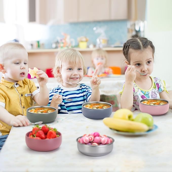 ShineMe Stainless Steel Bowls for Kids, 6 pack Toddler Bowls with Removable Colorful Silicone Sleeve, Unbreakable Baby Bowls for Soup, Cereal, Yogurt, Snacks...