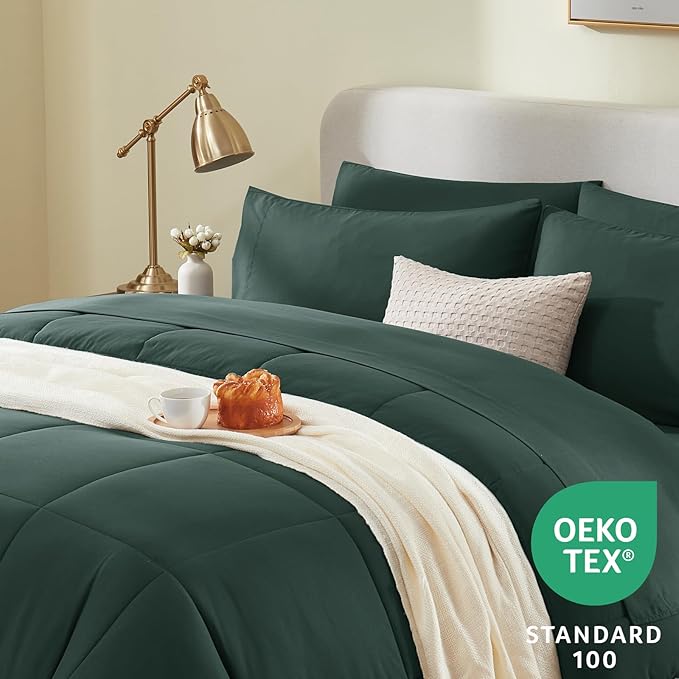 CozyLux Queen Comforter Set Forest Green, 7 Pieces Bed in a Bag, Green Comforter Queen Size, All Season Bedding Sets with Stitch Quilted Comforter, Flat Sheet, Fitted Sheet, Pillowcases