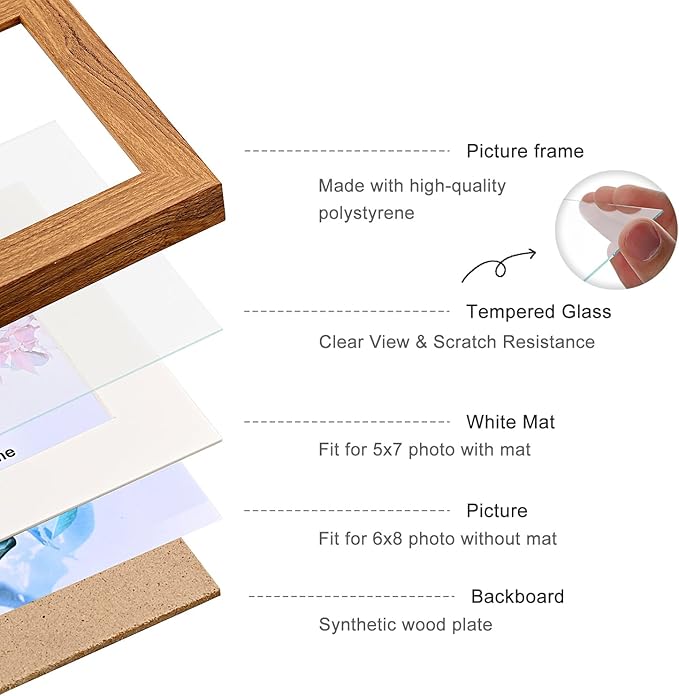 Hinged Tri-Fold 4x6 & 6x8 Picture Frame with Tempered Glass-Tabletop or Wall Mounted Display for Two 4x6 & One 5x7/6x8 Photos (with/without Mat)-Rustic Brown-Z467546