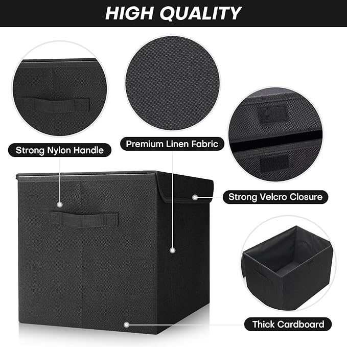 Large 17" 42 Quarts Collapsible Stackable Storage Bins with Lids [3-Pack] Foldable Fabric Linen Storage Boxes Cube, Closet Organizer Baskets with Label (16.7 x 12 x 12, Black)