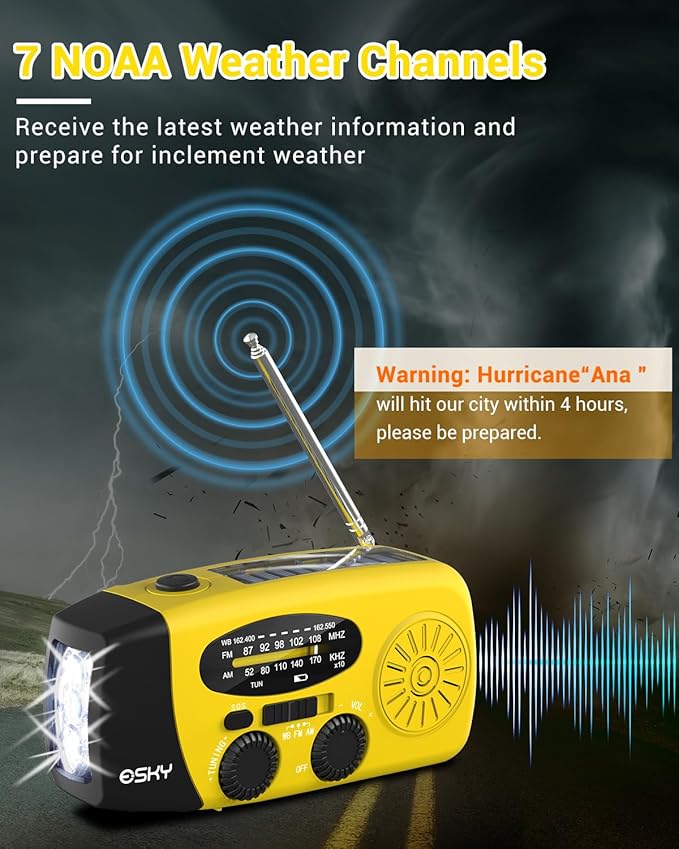 Esky Emergency Hand Crank Radio with 3 LED Flashlight, AM/FM/NOAA Portable Weather Radio with 2000mAh Rechargable Battery, Solar Powered USB Charged Radio for Indoor Outdoor Camping, SOS Alarm