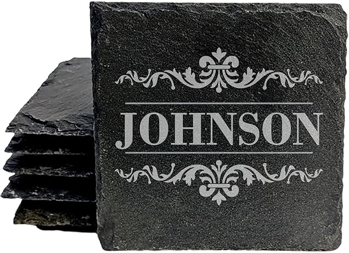 Personalized Monogram Family Coasters, Natural Stone Set, Birthday, Wedding, Customized, Rustic - Square Slate - Set of 5
