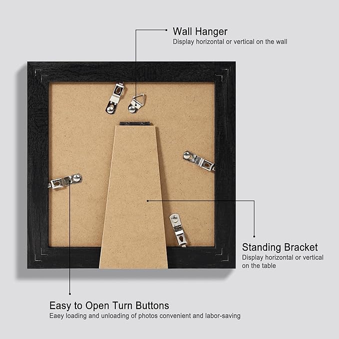 6x6 Picture Frame Set of 4, Made of Glass and Rustic Black Wooden Frame - Display Picture 4x4 with Mat or 6 x 6 Without Mat, 6x6 Photo for Wall or Tabletop