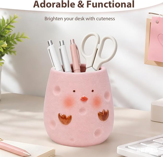 Ceramic Chicken Shaped Pen Pencil Holder for Desk Decoration Accessories Chicken Decor Makeup Brush Pen Cups Succulent Plant Pot Office School Ideal Gifts for Women, Mom or Birthdays (pink)