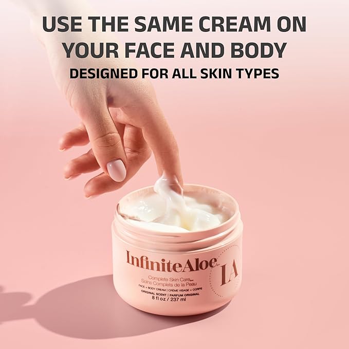 InfiniteAloe Complete Skin Care, Aloe Vera Powered Face and Body Cream for All Skin Types, Dry Skin Everyday Hero, Original Scent - 4 Large Jar 8 oz & 4 Travel Jar 0.5 oz