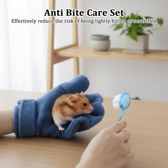 1 Pcs Hamster Bite Proof Glove and Grooming Brush Set, Adjustable Hamster Glove, Lid Soft Cleansing Brush Massage Combs, Guinea Pig Brush, Hamster Care Set for Hamsters, Ferrets, Hedgehogs (Blue)